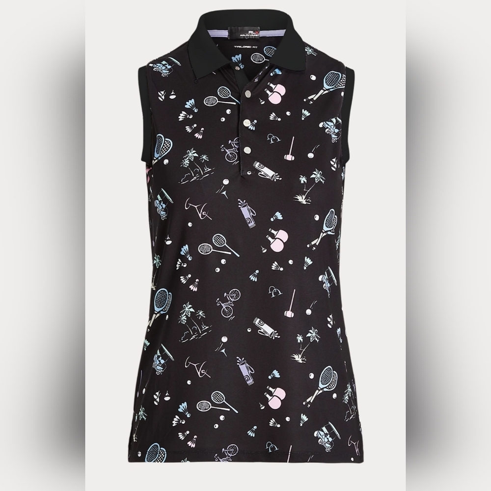 Ralph Lauren Ladies Black Racquet Print Sleeveless Polo Size Small - Picture 1 of 5